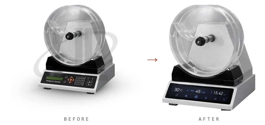 Friability tester before and after the HMI upgrade