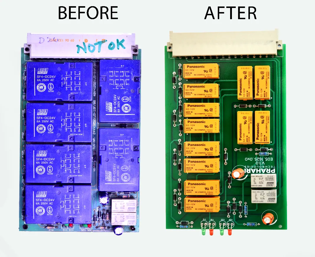 Reverse-engineered relay board — the original card versus the rebuilt Prahari V1.0 board